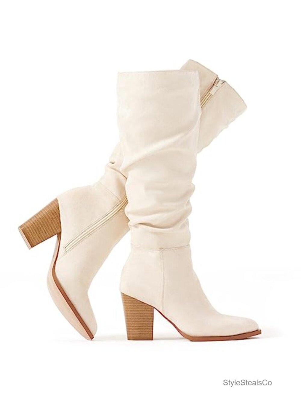 Women's Knee High Boots Faux Suede Slouchy Heeled Pointed Toe Side Zip